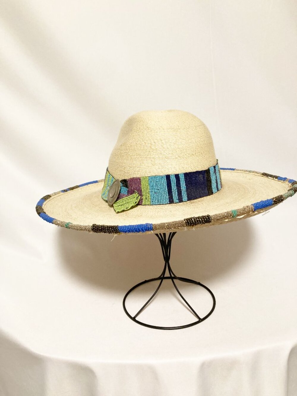 Hand Beaded SunBody Palm Leaf Hat Western Boho Artisan Unique Wearable Art - Picture 3 of 12